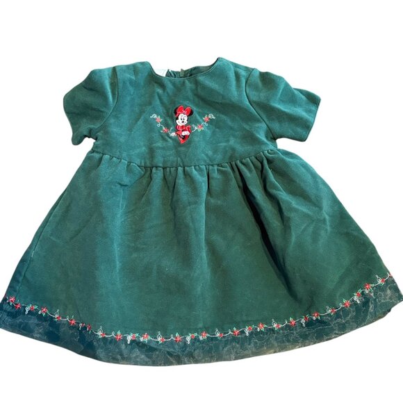 Disney Store Minnie Mouse Embroidered Green Velvet Vintage Holiday Dress 18 Mont - Picture 1 of 5